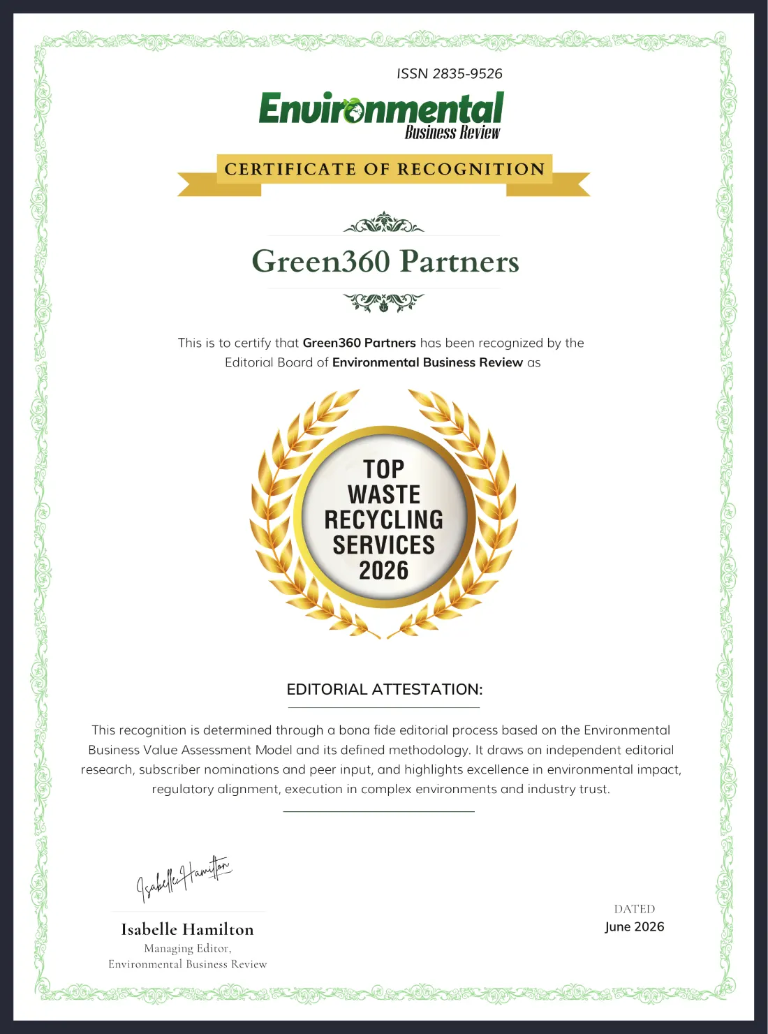 Environmental Business Review Top Waste Recycle Service 2026 certificate